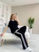 Kadın Kısa Kollu Bisiklet Yaka çift Renk şerit Detaylı Viskon Iki Iplik Bluz Ve Pantolon Ikili Takım resmi